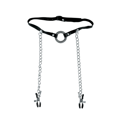 Pipedream Fetish Fantasy Series Adjustable O-Ring Gag With Nipple Clamps Silver/Black