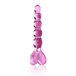 Icicles No. 43 Curved Beaded 8 in. Glass Dildo With Heart-Shaped Handle Pink