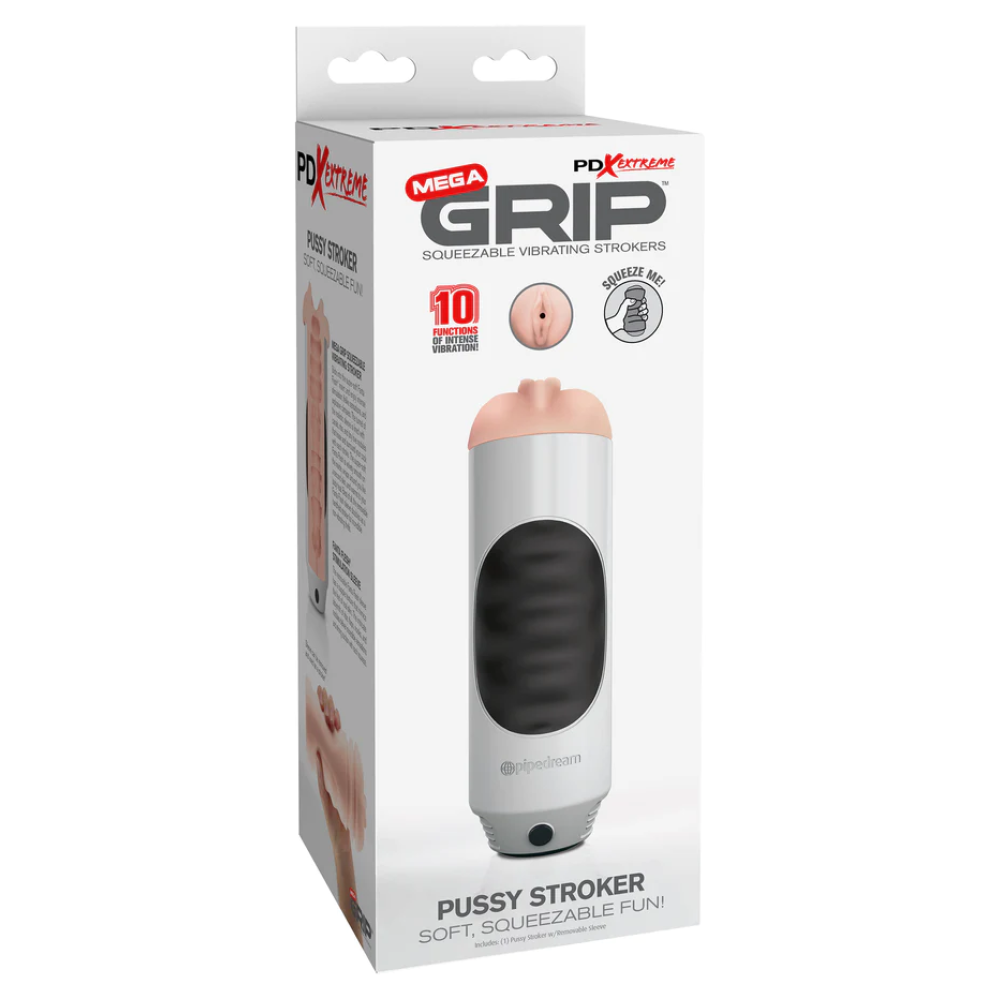 PDX Mega Grip Pussy Stroker Squeezable Vibrating Masturbator Beige/White