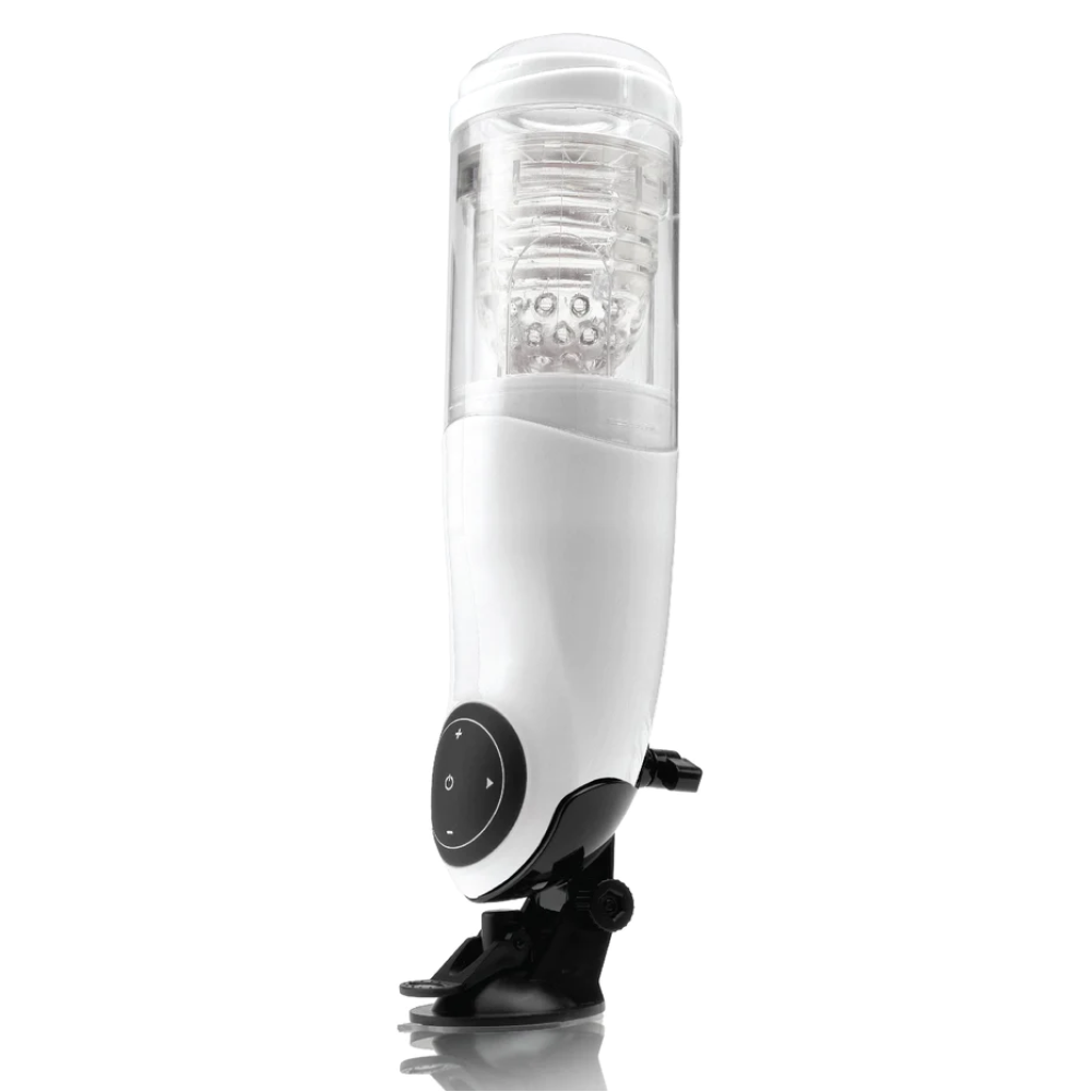 PDX Mega-Bator Pussy Rechargeable Rotating Thrusting Stroker With Hands-Free Suction Cup Clear/White (54669) | SlipDix.com