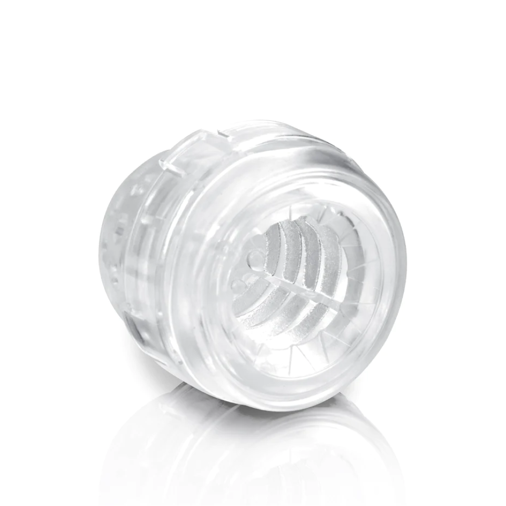 PDX Mega-Bator Pussy Rechargeable Rotating Thrusting Stroker With Hands-Free Suction Cup Clear/White (54669) | SlipDix.com