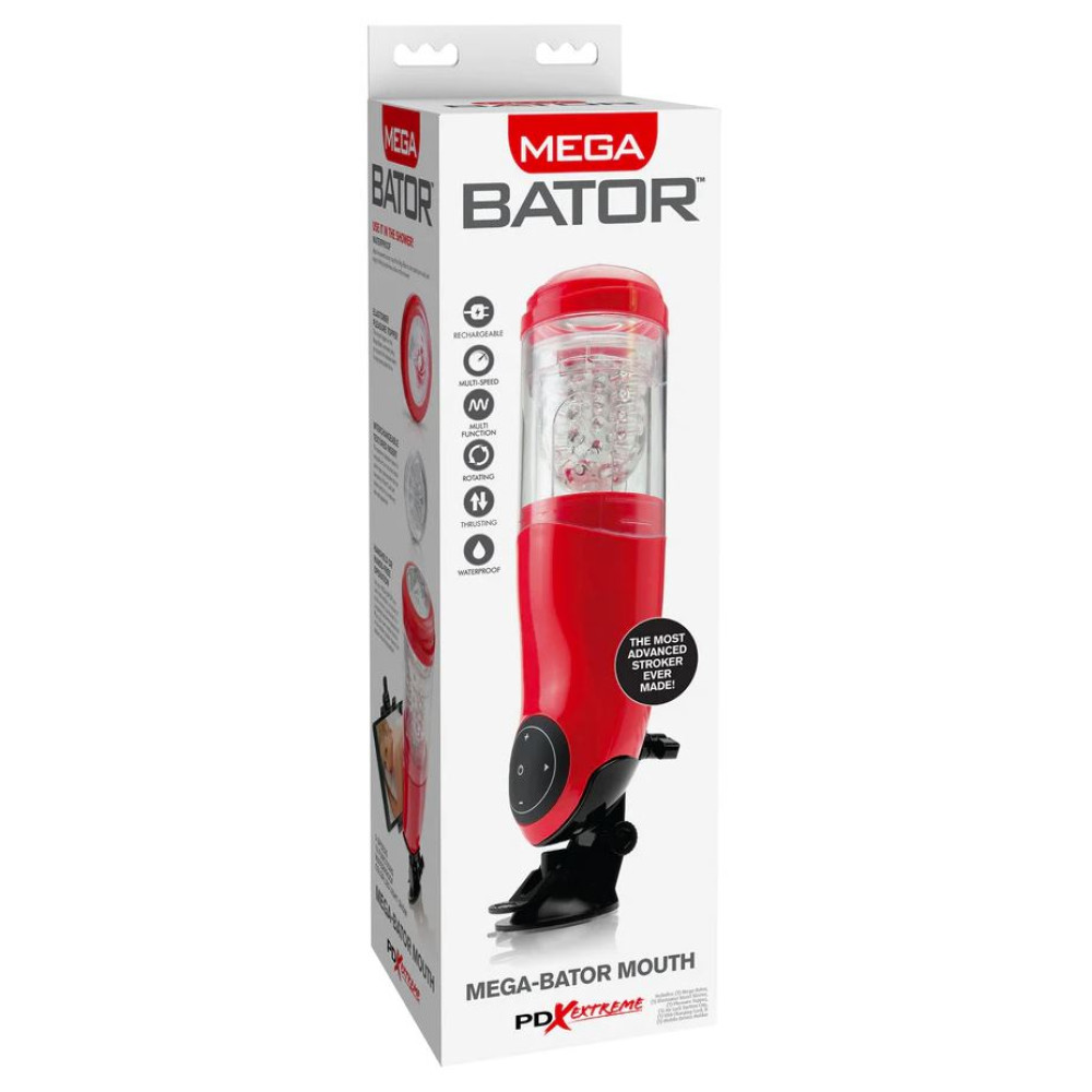 PDX Mega-Bator Mouth Rechargeable Rotating Thrusting Stroker w/ Hands-Free Suction Cup Clear/Red (54670) | SlipDix.com