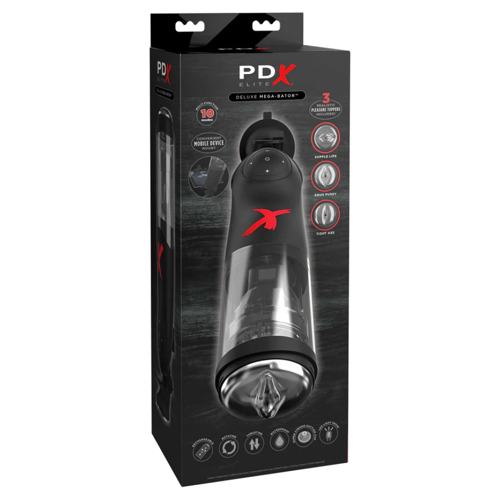PDX Elite Deluxe Mega-Bator Rechargeable Rotating Thrusting Masturbator With Hands-Free Suction Cup Base & Interchangeable Toppers Clear/Black (61574) | SlipDix.com