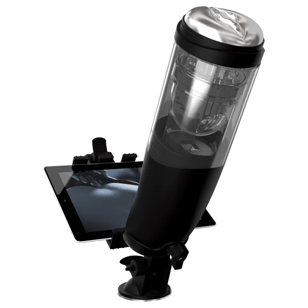 PDX Elite Deluxe Mega-Bator Rechargeable Rotating Thrusting Masturbator With Hands-Free Suction Cup Base & Interchangeable Toppers Clear/Black (61574) | SlipDix.com