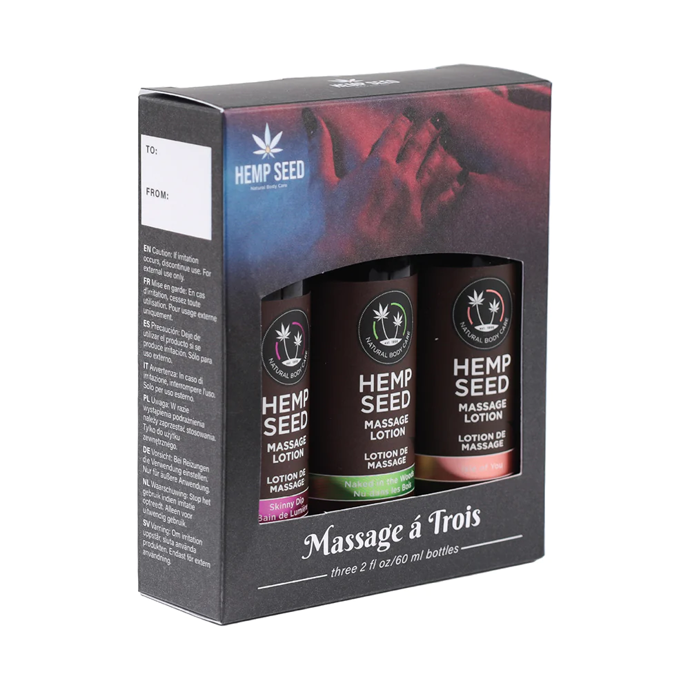 Earthly Body Gift Set Massage A Trois Includes: 2oz Isle of You Massage Lotion, 2oz Skinny Dip Massage Lotion, & 2oz Naked in the Woods Massage Lotion
