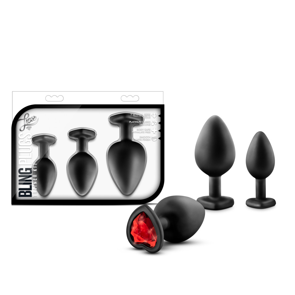 Blush Luxe 3-Piece Bling Anal Training Kit Butt Plugs w/ Red Gem Base Black