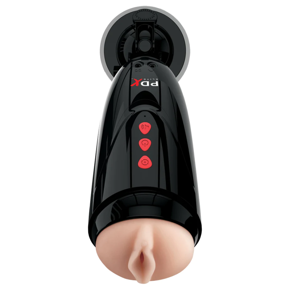 PDX Elite Dirty Talk Rechargeable Vibrating Starter Stroker With Hands-Free Suction Cup Beige/Black (65019) | SlipDix.com