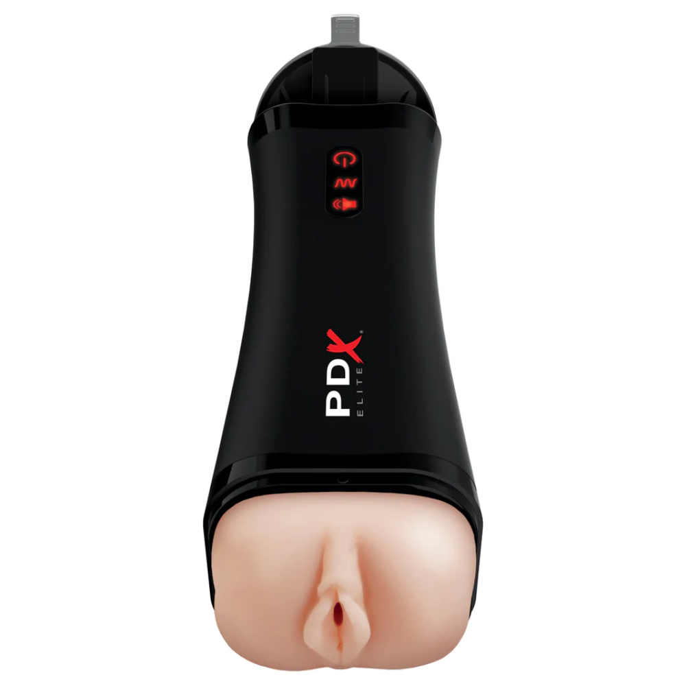 PDX Elite Talk-Back Rechargeable Vibrating Super Stroker With Hands-Free Suction Cup Beige/Black (65022) | SlipDix.com