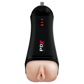 PDX Elite Talk-Back Rechargeable Vibrating Super Stroker With Hands-Free Suction Cup Beige/Black