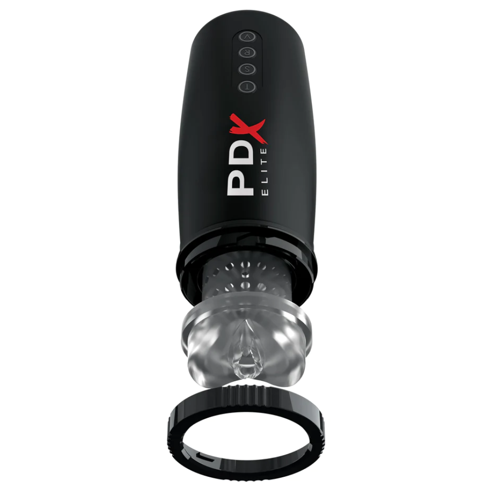 PDX Elite Motobator 2 Rechargeable Thrusting Vibrating Masturbator Clear/Black (69808) | SlipDix.com