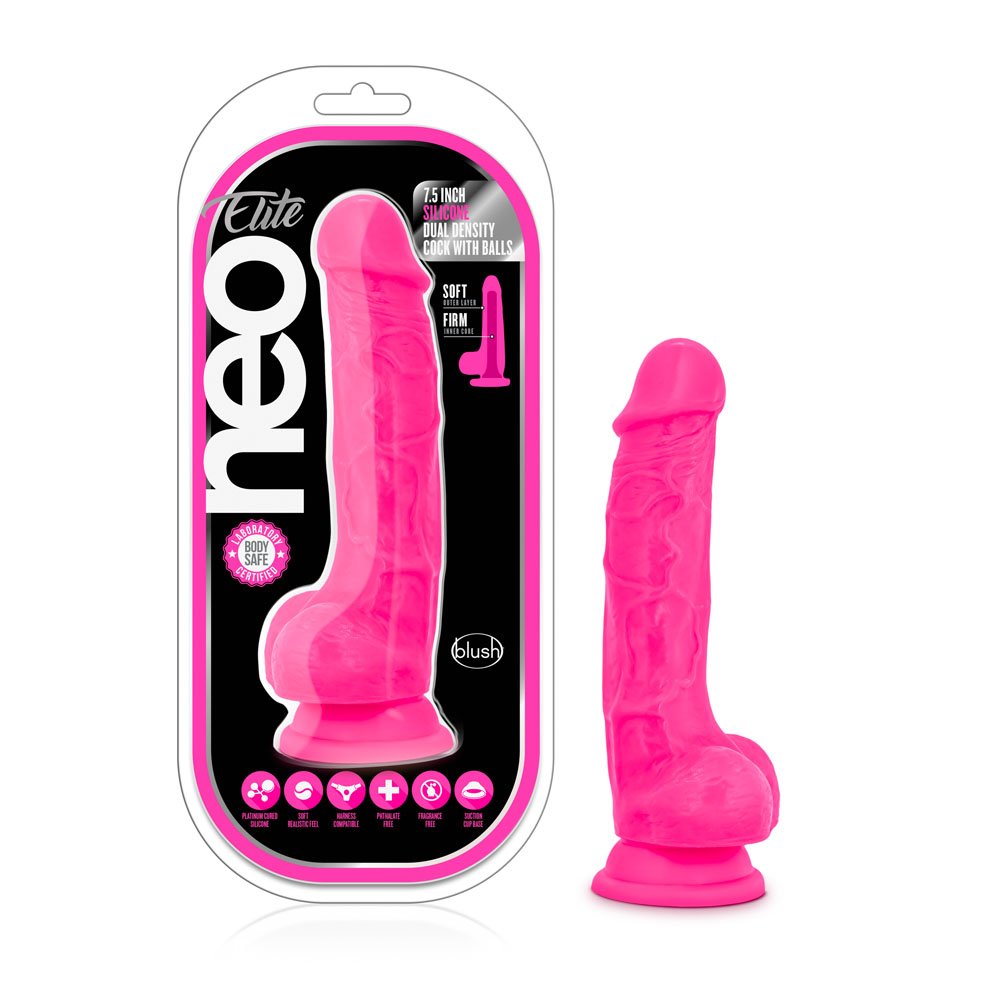 Blush Neo Elite 7.5 in. Silicone Dual Density Dildo with Balls & Suction Cup Neon Pink (70458) | SlipDix.com