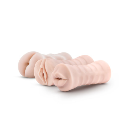 Blush M for Men Soft + Wet Self-Lubricating 3-Pack Vibrating Stroker Sleeve Kit Beige
