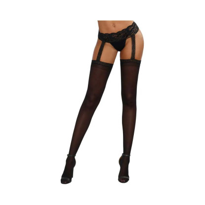 Dreamgirl Stretch Lace Suspender Garter Belt Pantyhose with Attached Sheer Thigh-High Stockings Black OS