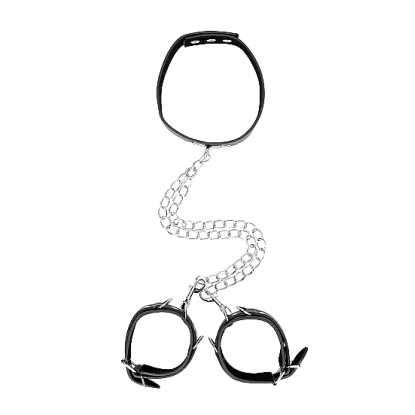 Ouch! Black & White Adjustable Bonded Leather Collar With Hand Cuffs & Chain Black