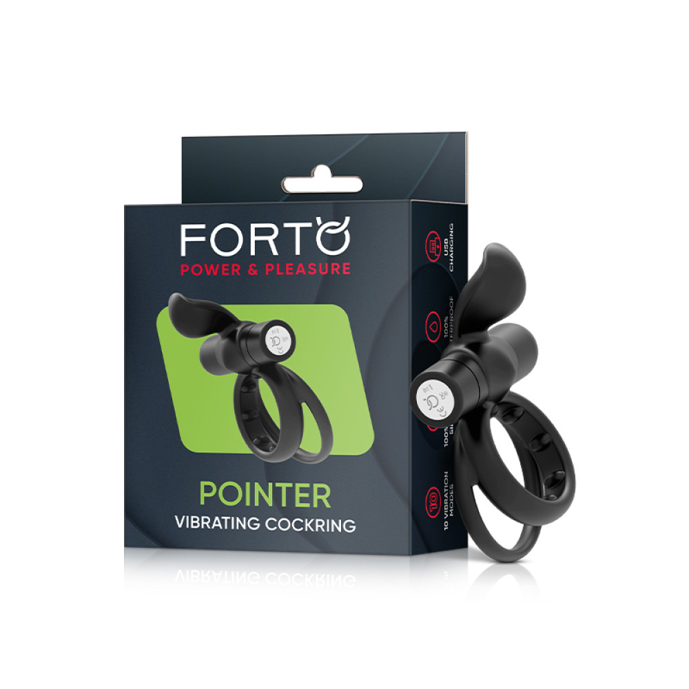 Forto Pointer Rechargeable Silicone Vibrating Dual Cockring with External Stimulator Black (84806) | SlipDix.com