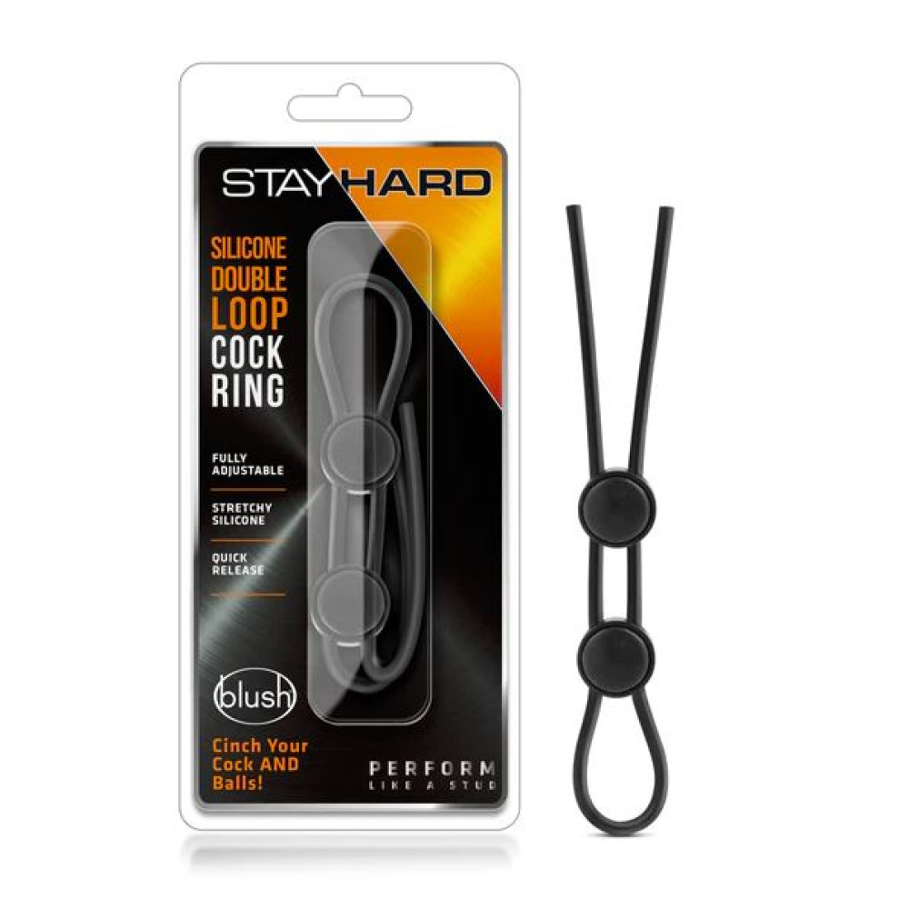 Blush Stay Hard Silicone Double Loop Lasso/Bolo Cock Ring Black